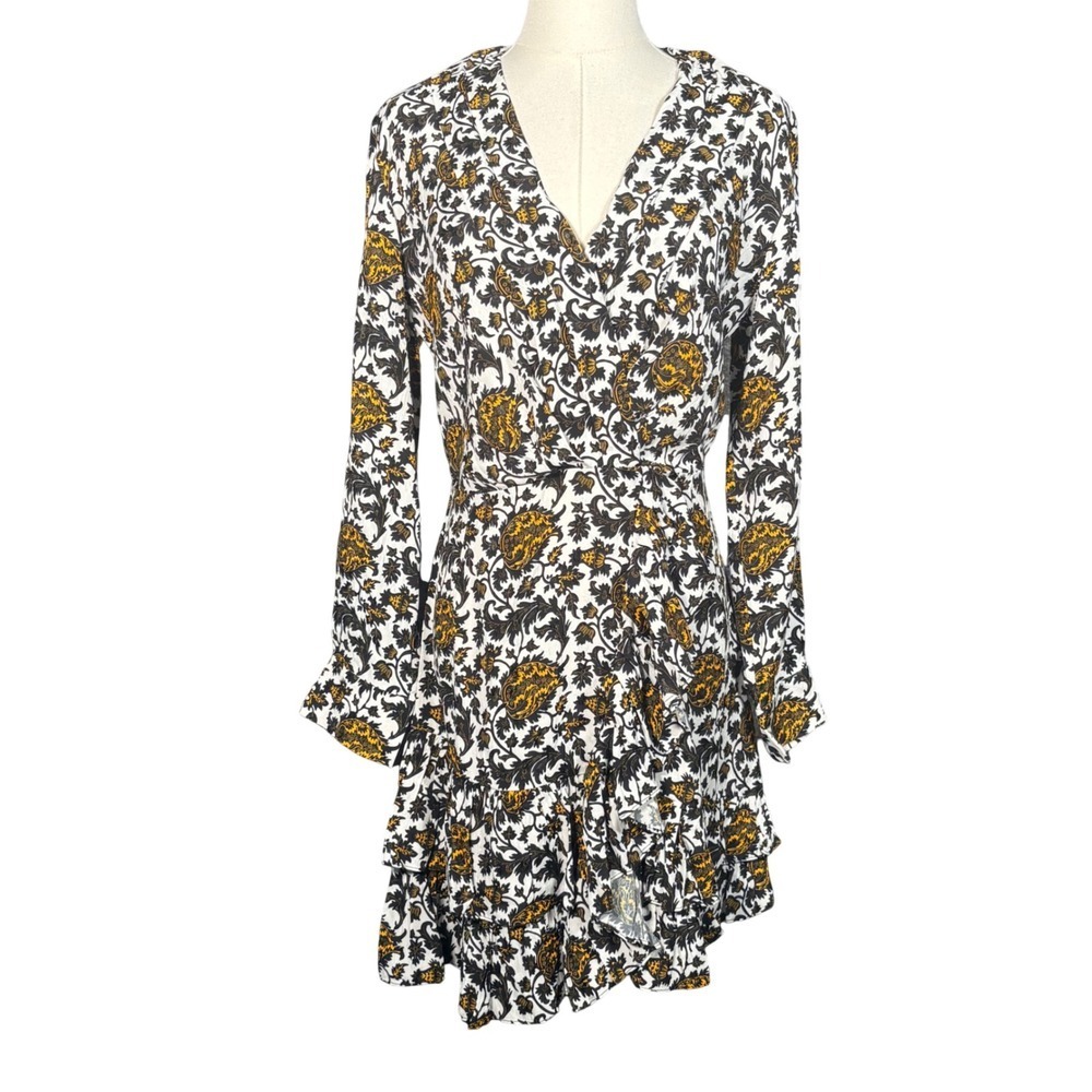 Sandro Paris Dami Floral Mini Dress Wrap Long Sleeve Ruffle Womens FR 36 Small